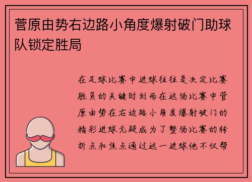 菅原由势右边路小角度爆射破门助球队锁定胜局