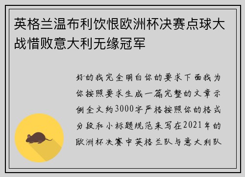 英格兰温布利饮恨欧洲杯决赛点球大战惜败意大利无缘冠军